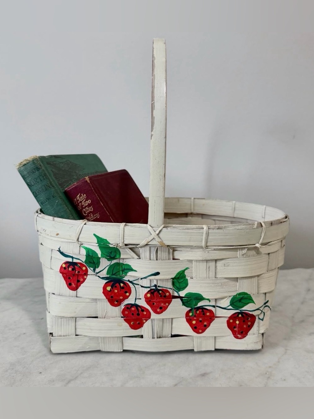 Vintage Hand-Painted Strawberry Wicker Basket